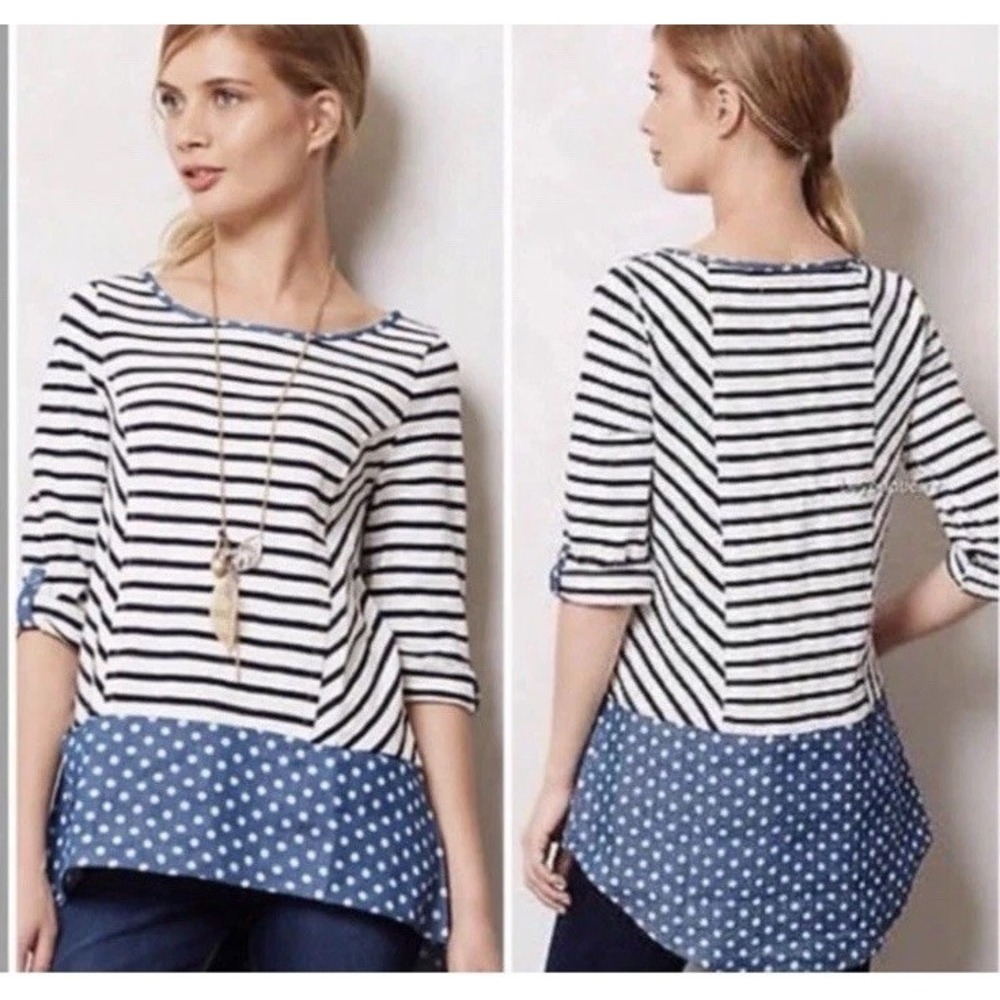 Anthropologie Postmark‎ XS Fairley Blue Striped Polka Dot Roll Tab Tunic Top